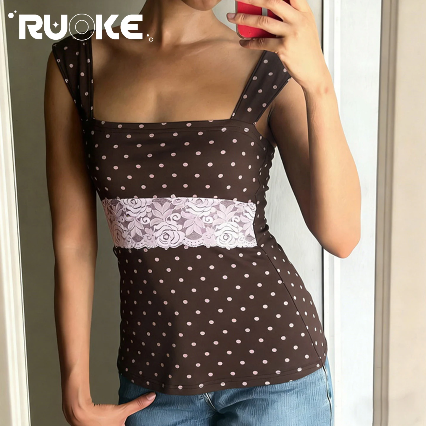 

[RUOKE] Vintage Polka Dot Tank Top For Women Spring Summer Square Neck Lace Slim Fit Camisole Street Date Holiday Music Festival