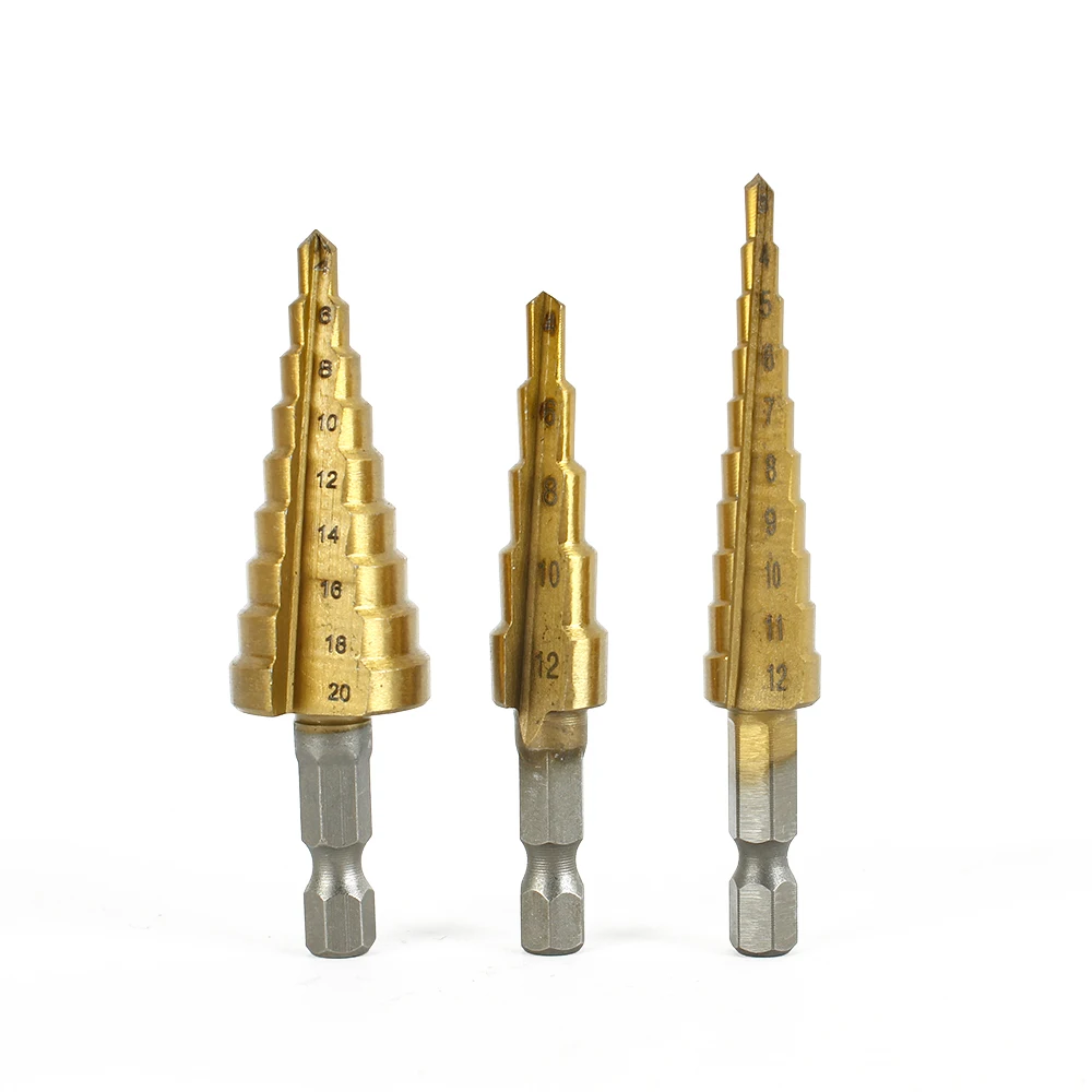 3PCS Step Drill Bit Set - Titanium Coated, High Speed Steel Drill Cone Bits for Aluminum, Wood and Plastic Hole Drilling Cutting