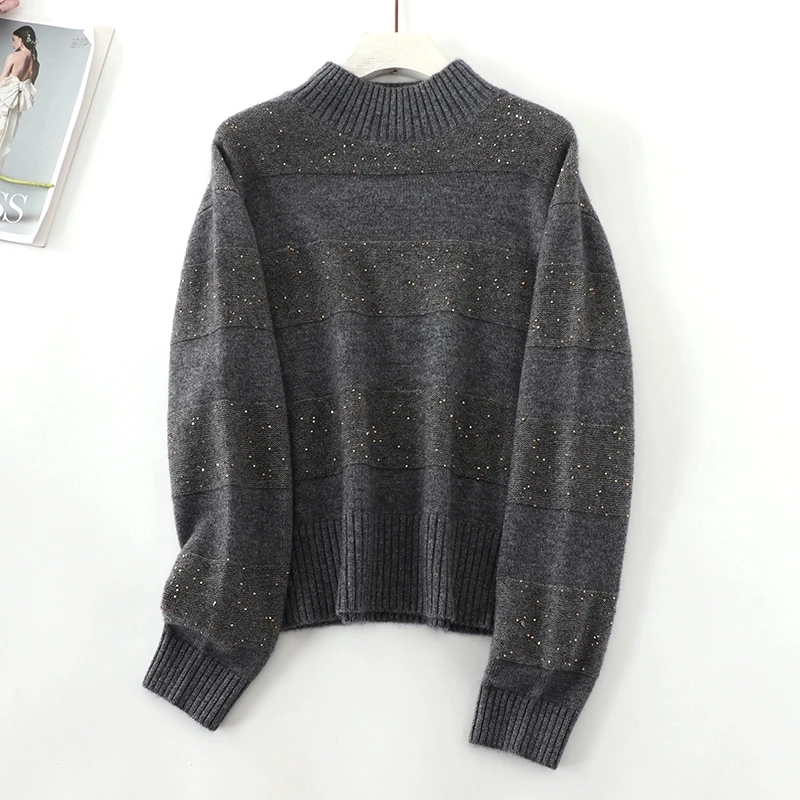 Sweater Turtleneck sambungan wol murni wanita, Pullover longgar, kualitas tinggi, mode baru, 2021, Y2k