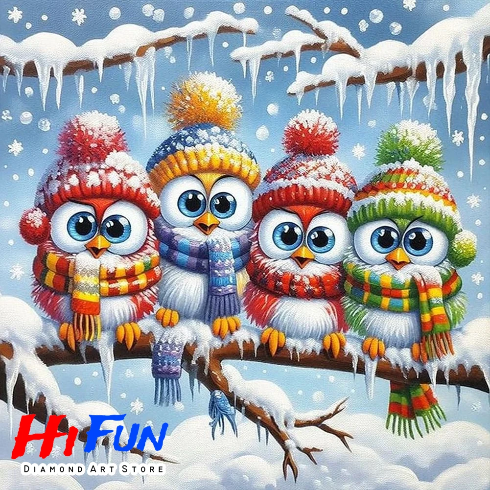 

Cartoon Diamond Painting Winter Owls with Scarf Full Square Round Mosaic New Collection DIY Home Decorative Rhinestone Pictures