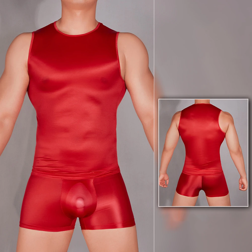 

Mens Oil Shiny Top Jumpsuit Stretchy Sexy Sheer See Through Vast Underwear Top Transparent Slim Blouse Night Club Wear