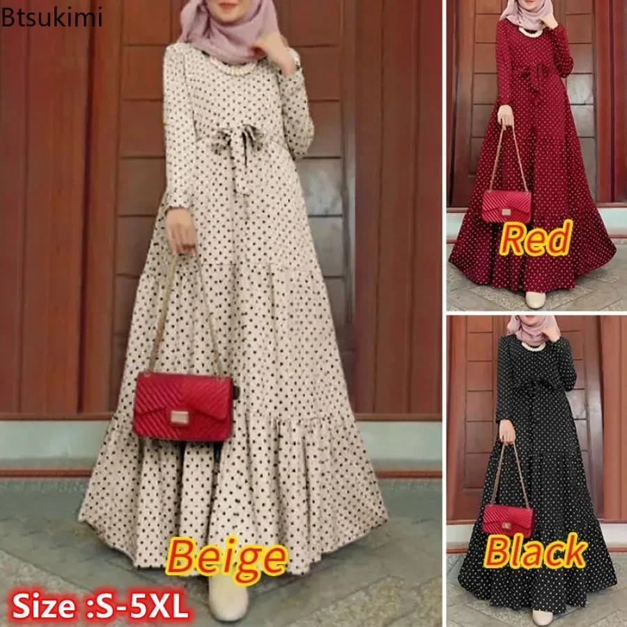 

New 2025 Women's Muslim Polka Dot Long Sleeve Dress Stylish Belts Party Robe Loose Maxi Dress Muslim Women Dubai Turkish Modesty