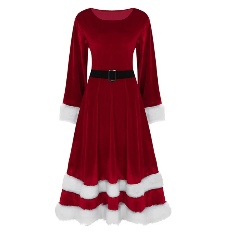 

Women's Christmas Long Sleeve Round Neck Belt Velvet Patchwork Midi Long Swing Dress Festive Ladies Play Dresses