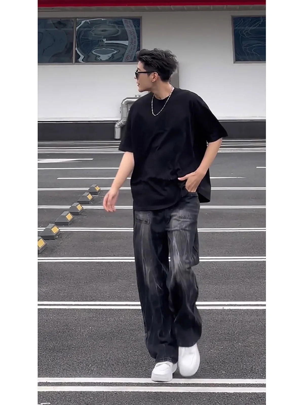Black Lightning Pattern Wide Leg Jeans Men's Straight Loose Knife Dyeing Micro Flared Floor-Length American Style Jeans