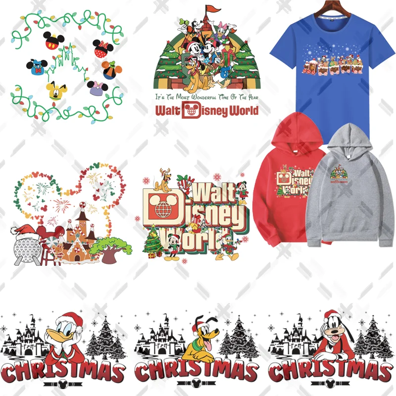 Merry Christmas Friends Mickey Minnie Disneyland DIY Iron on Transfers Heat Thermal Stickers Patches on Clothes Vinyl Pattern