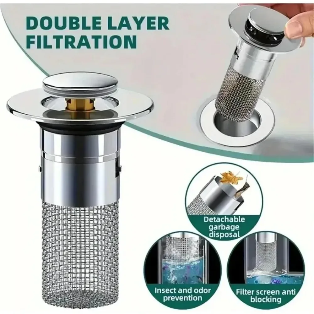 

NEW Washbasin Leak Plug ABS Stainless Steel Odor Proof Bouncing Core Press Type Sink Drain 34-40mm Universal Accessory 1pcs