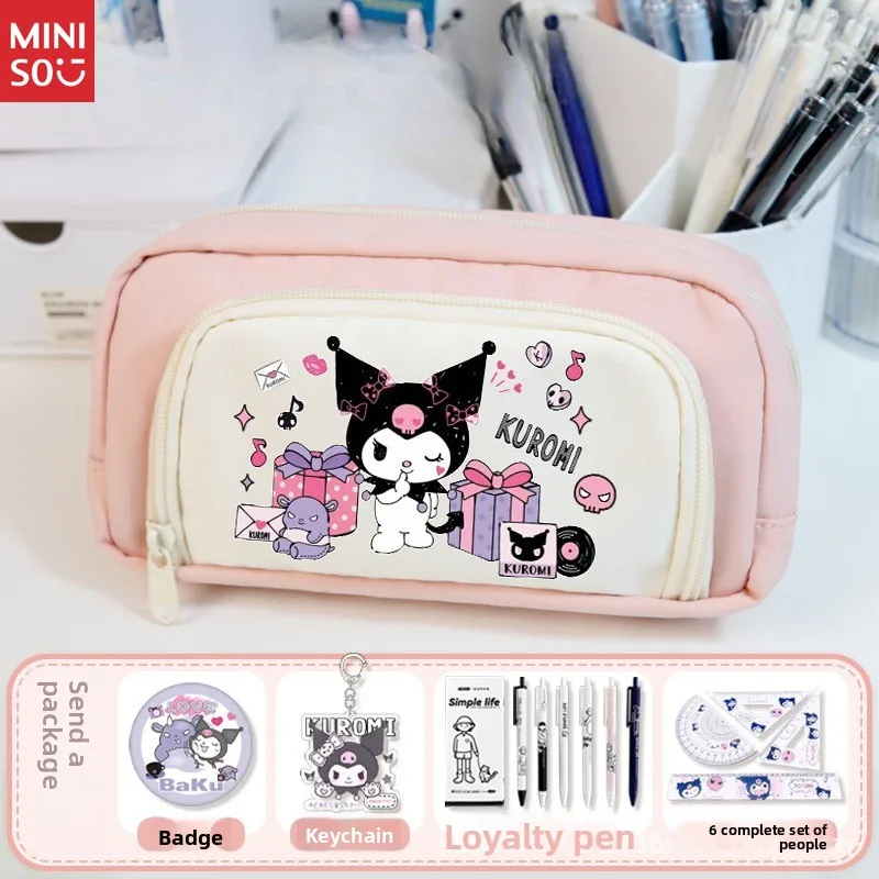 Miniso Kuromi Estojo de lápis Suporte de caneta de anime fofo, material escolar de grande capacidade para meninas, ensino médio