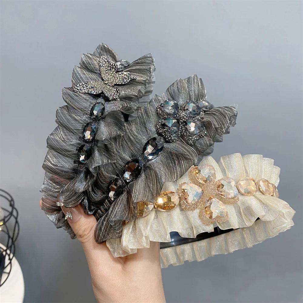 

New Luxury Ruffle Edge Rhinestone Headband Full Crystal Pleated Wide Hair Hoop Vintage Elegant Hair Accessories for Women