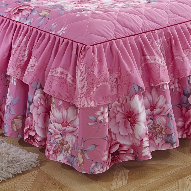 3pcs Layered Macrame Bed Skirt Set (Bed Skirt *1+ Pillowcase*2, Without Core), Flower Printed All Seasons Universal Non-slip Bed