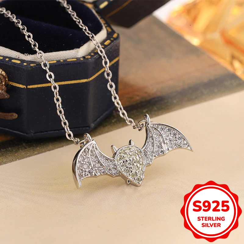 

Креативное аутентичное ожерелье из стерлингового серебра S925, забавное готическое ожерелье с бриллиантами и летучей мышью, женское ожерелье на Хэллоуин, цепочка на ключицу, ювелирные изделия