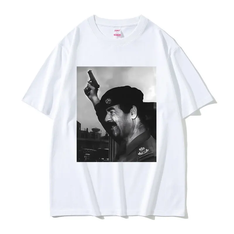 Saddam Hussein with Gun Funny Meme T-shirts Men Women Fashion Oversized Streetwear Unisex Casual Soft Cotton Short Sleeve Tees