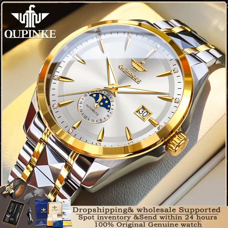 OUPINKE 3292 Moon Phase Men Watch Luxury Brand Waterproof Automatic Watch Tungsten Steel Original Business Men Mechanical Watch