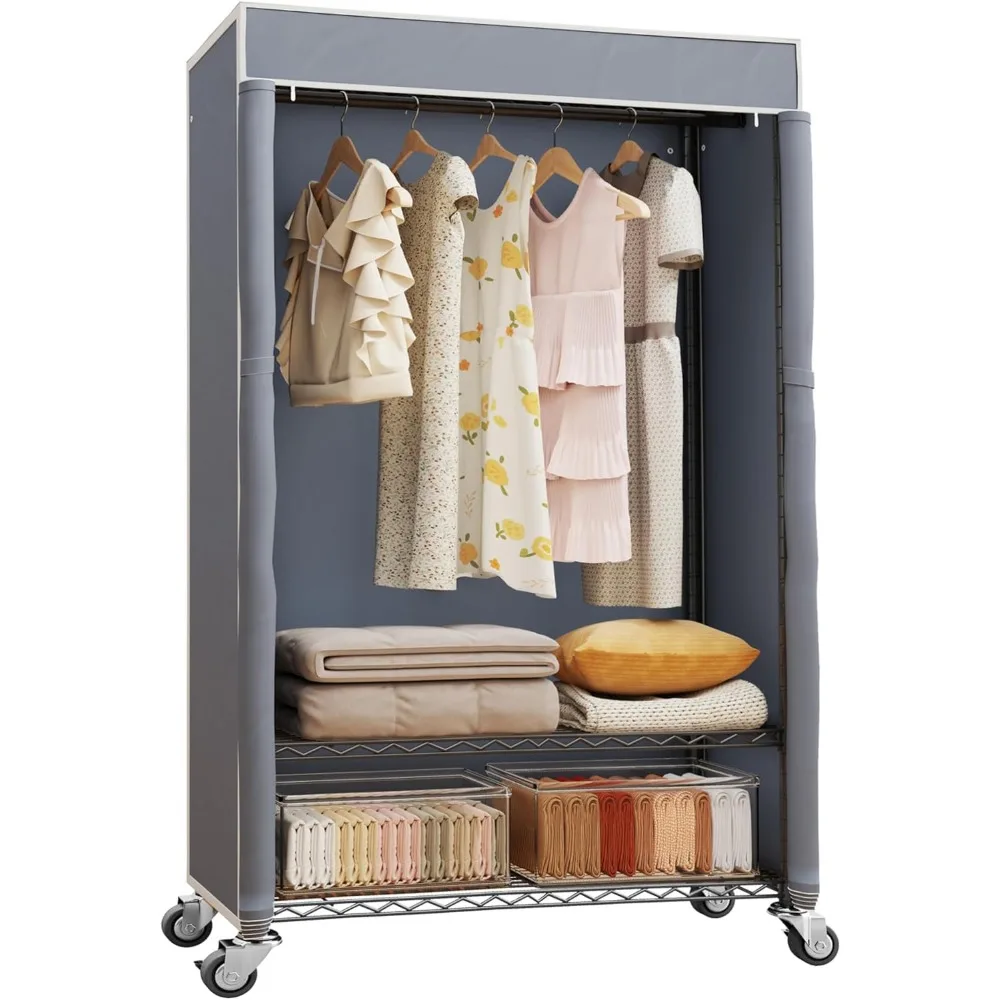 

Heavy Duty Clothes Rack with Cover, Rolling Garment Rack on Wheels, Portable Closet for Hanging Clothes, Black Clothing Rack