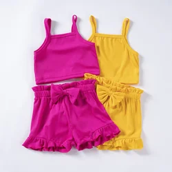 Baby Girl Summer Set 2 Piece Strap Top+Thin Shorts Set Solid Color Casual and Comfortable Daily Wear or Party or Birthday Gift