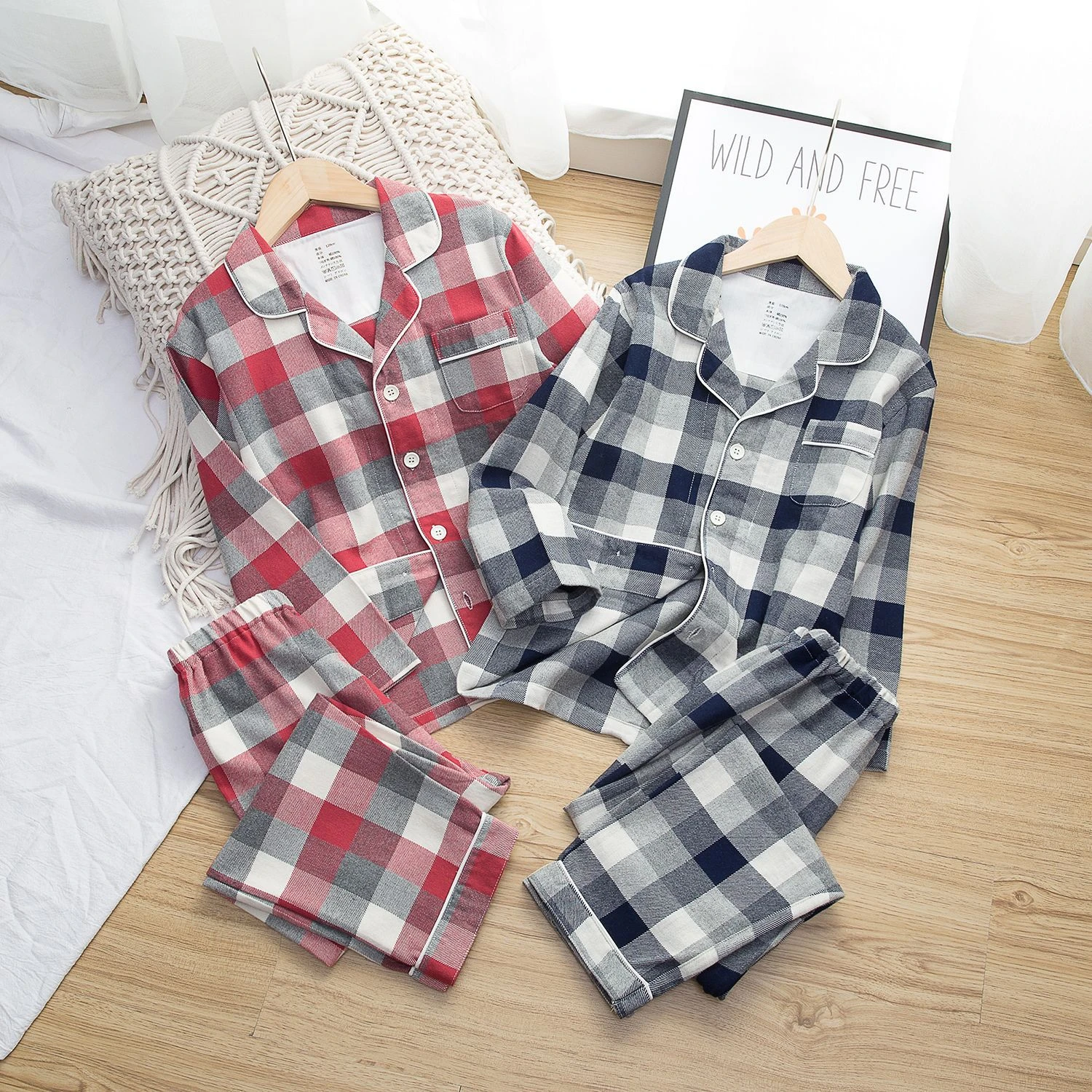 Kids 100% Cotton Home Suits Long-sleeved Trousers Suits Autumn Winter Pijamas For Boy And Girl Flannel Plaid Design Pajamas