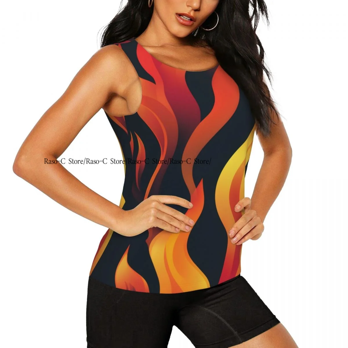 Women Sexy Vest Fire Print Sleeveless Round Neck Tank Tops Female Casual Basic Camisole