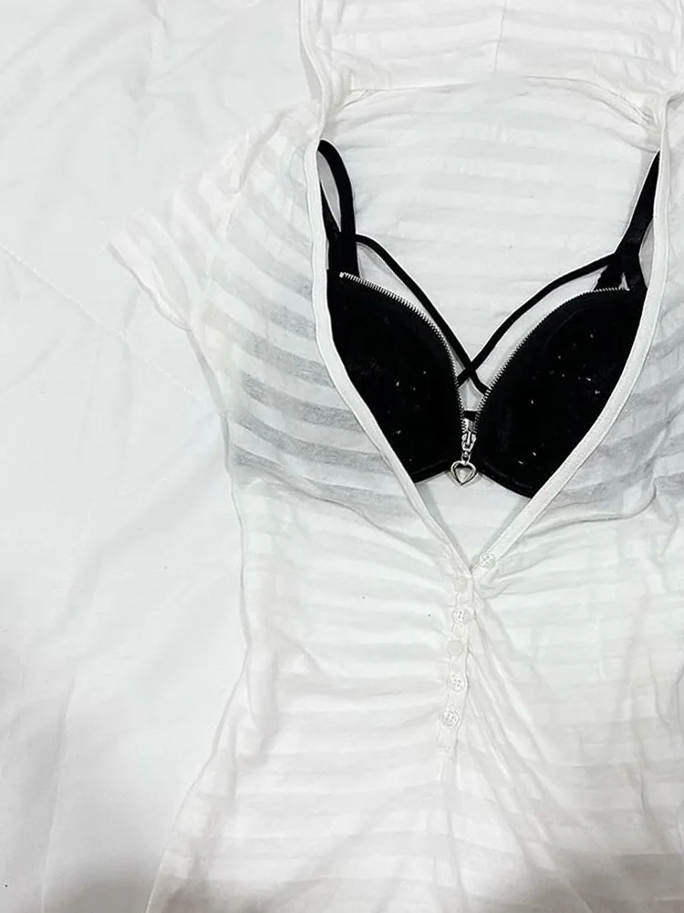 Floral End American Retro Y2K Spicy Girl White Stripes Hoodie T-irt Slim Fit Cotton ort Sve Summer Faion for Women