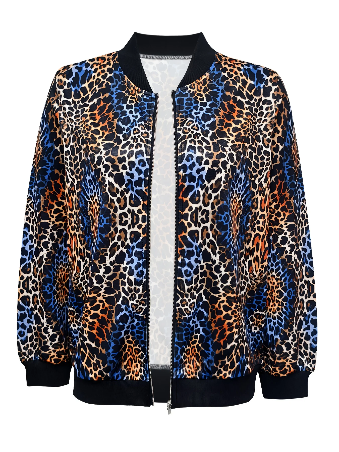 여성 패션 레오파드 프린트 재킷, 파란색과 주황색 동물 패턴, 풀 지퍼 라운드 넥 디자인, 기계 세탁 가능한 긴 소매 코트