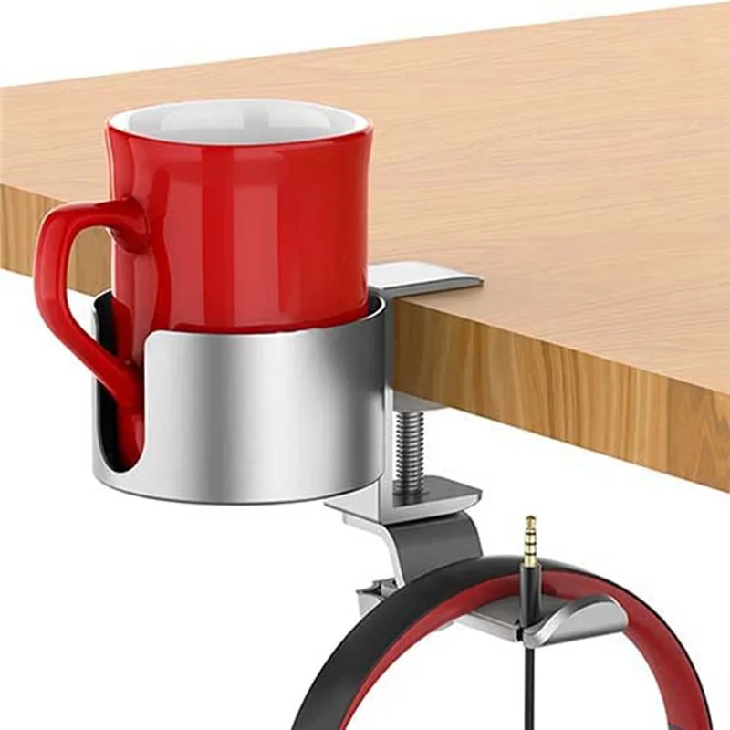 Desk Cup Holder, 2 in 1 Desk Cup Holder with Headphone Hanger, Anti-Spill Cup Holder for Desk or Table Silver