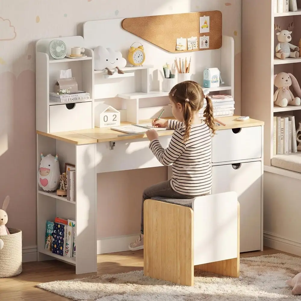 

Wooden Kids Desk and Chair Set with Adjustable Table, Hutch, and Storage for Ages 5-12