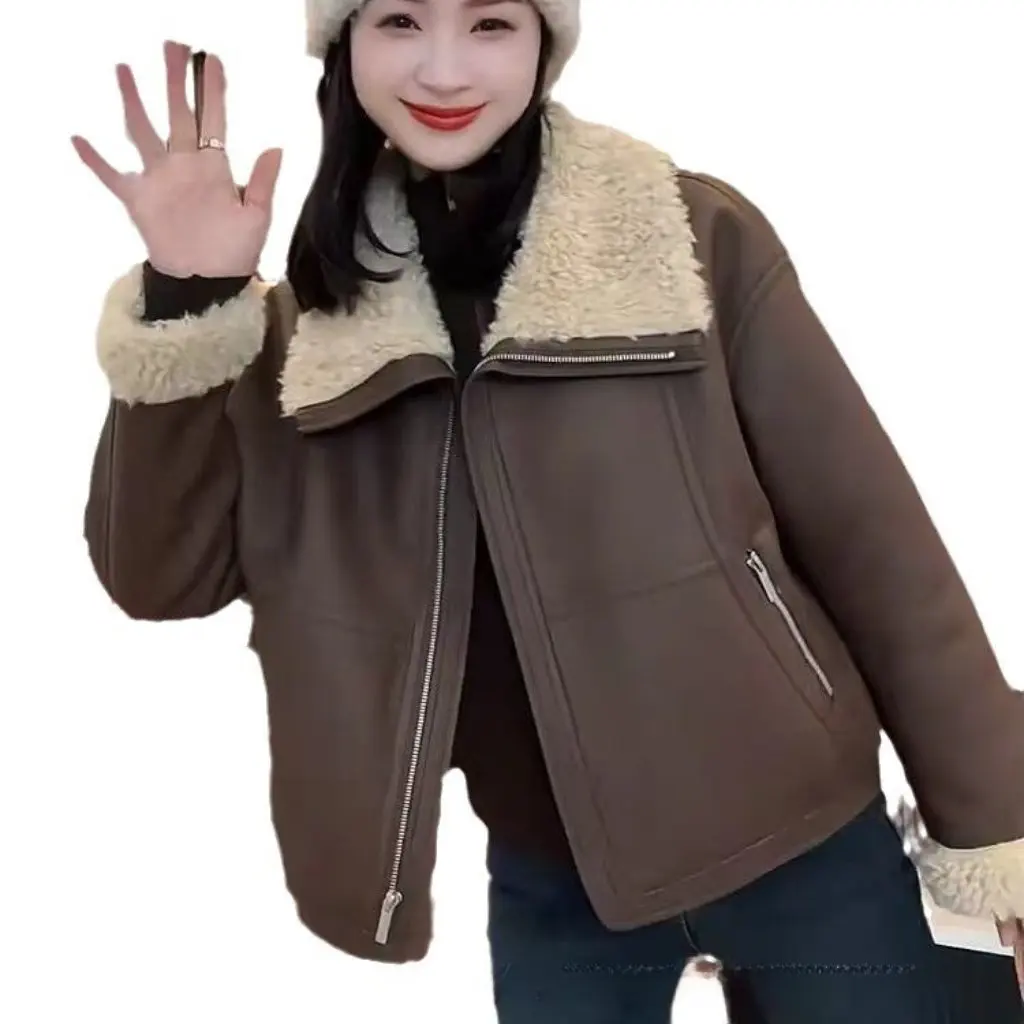 

Женская шуба с большими лацканами, зимняя утолщенная теплая куртка с плюшевым верхом из ягненка на флисовой подкладке для холодной погоды