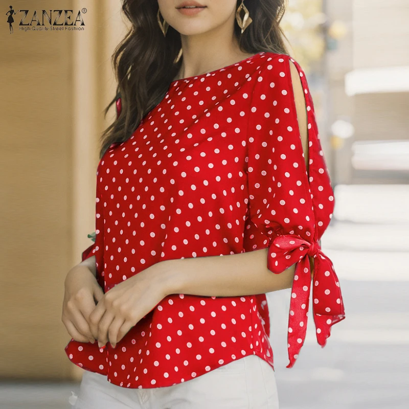 ZANZEA Damenmode Polka Dot Blusen O-Ausschnitt Gebundene Schlitzmanschetten Halbarm Elegante Tops Sommer Casual Alltagskleidung Blusas Mujer – Detail 7