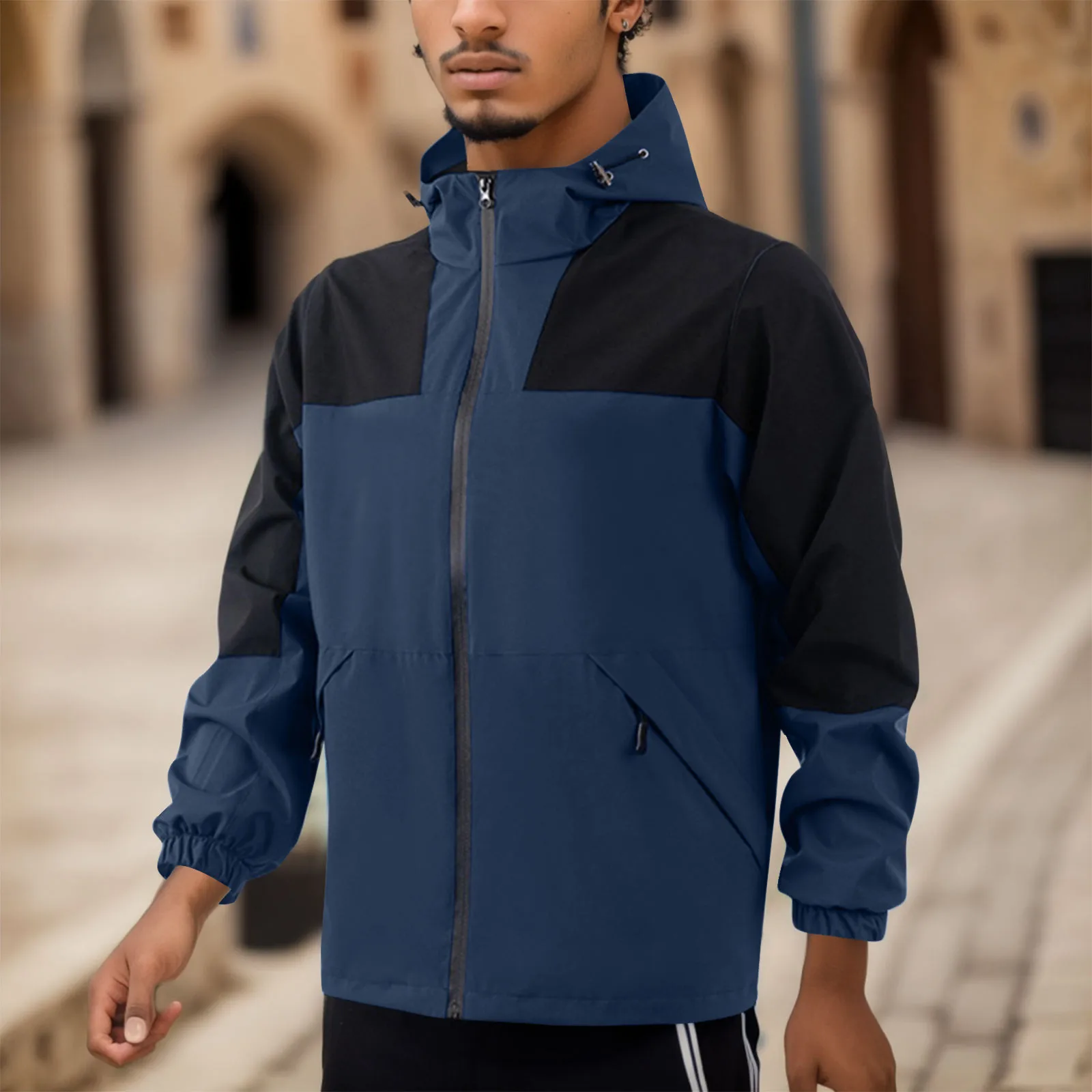

Mens Fashion Windbreaker Casual Color Block Zipper Pocket Long Sleeve Jacket Fall Winter Waterproof Mens Hooded Outwears