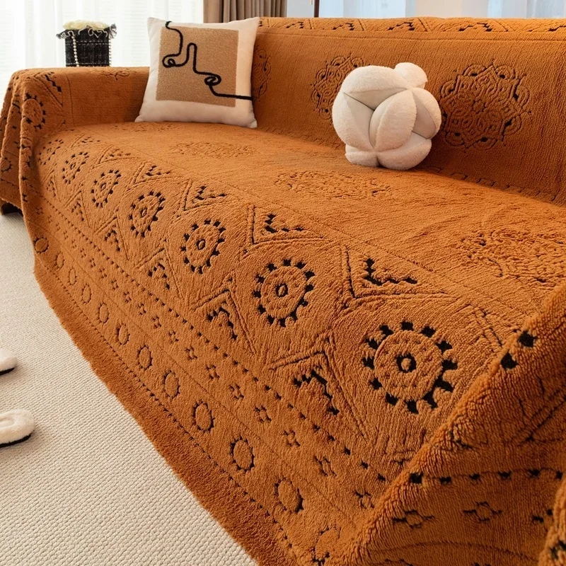 Coral Fleece Sofa Cover Bohemian Style Thickness Plush Velvet Sofa Blankets One-Piece Full Coverage Seat Dust Proof Slipcover