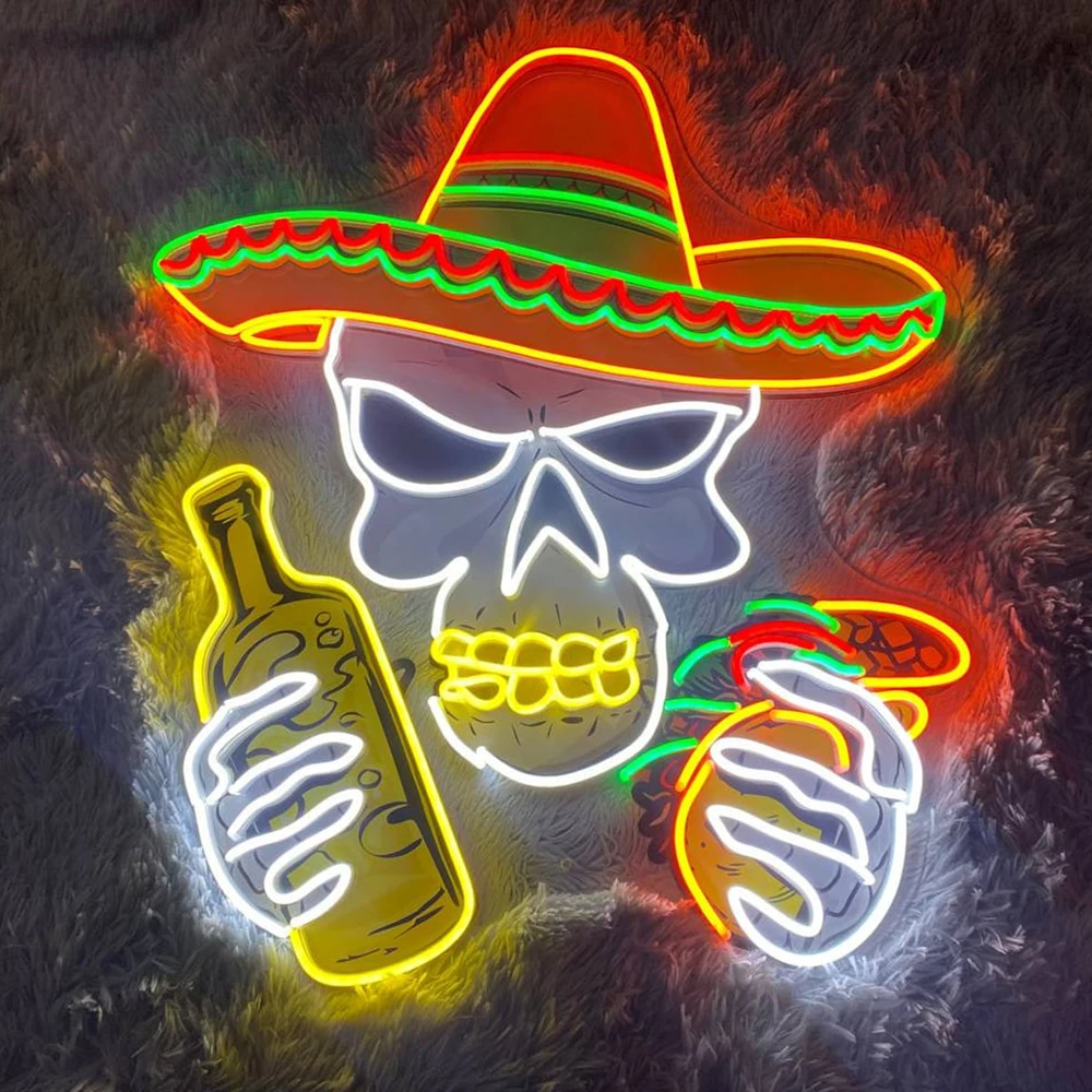 Mexican Sugar Skull Taco LED Neon Sign Fast Food Store Restaurant Wall Decor Mexican Tacos Shop Light Lamp Custom Neon Sign