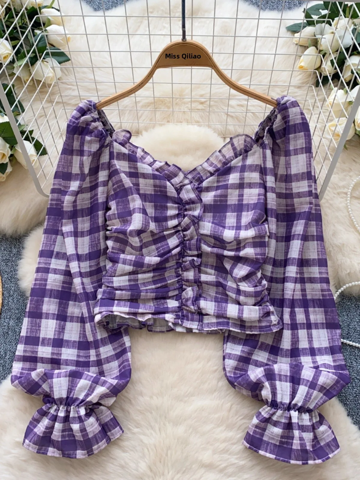 Sweet Versatile Plaid irt Women's New 2025 Gentle Sle Square Collar Pleated Waist ort Length Belly Button Exposure irt