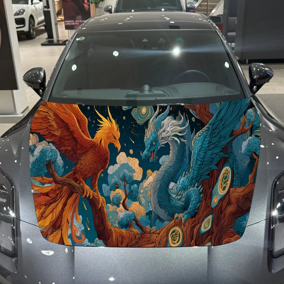 Phoenix Blue Dragon Art Aesthetic PVC Car Hood Wraps, Self-Adhesive Waterproof Car Bonnet Decal Sticker, Car Decoration Protecti