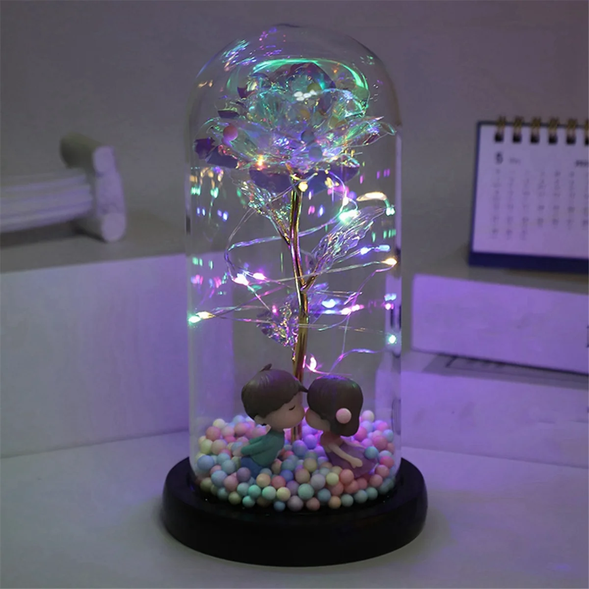 AT16 Valentines Day Rose Gift for Her - Galaxy Butterfly Rose in Glass Dome with LED Blue