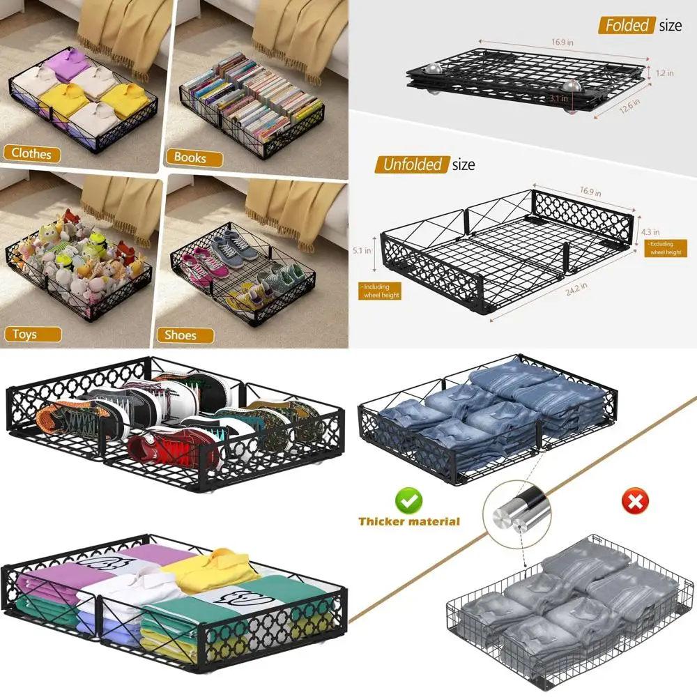 

2-Piece Rolling Underbed Storage Boxes - Collapsible Metal Bins for Bedroom, Clothes, Shoes, and Blankets