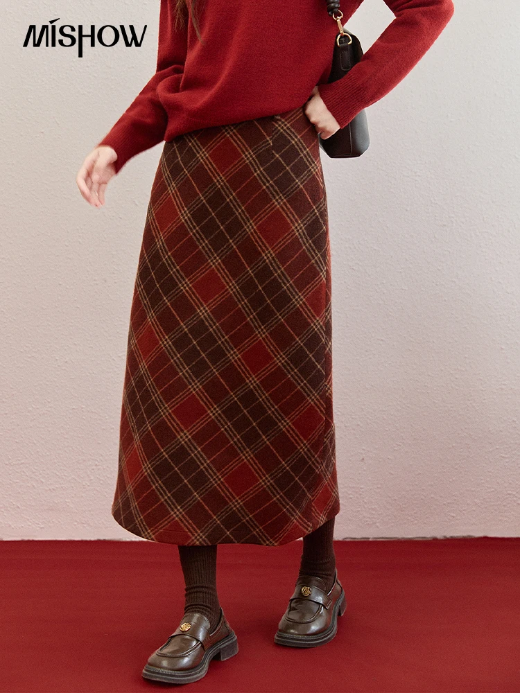 MISHOW Women's Red Brown Plaid High Waist A-Line Skirt Winter Warm Woolen Back Hem Split Skirts Casual Slim Skirt MXE93B2453