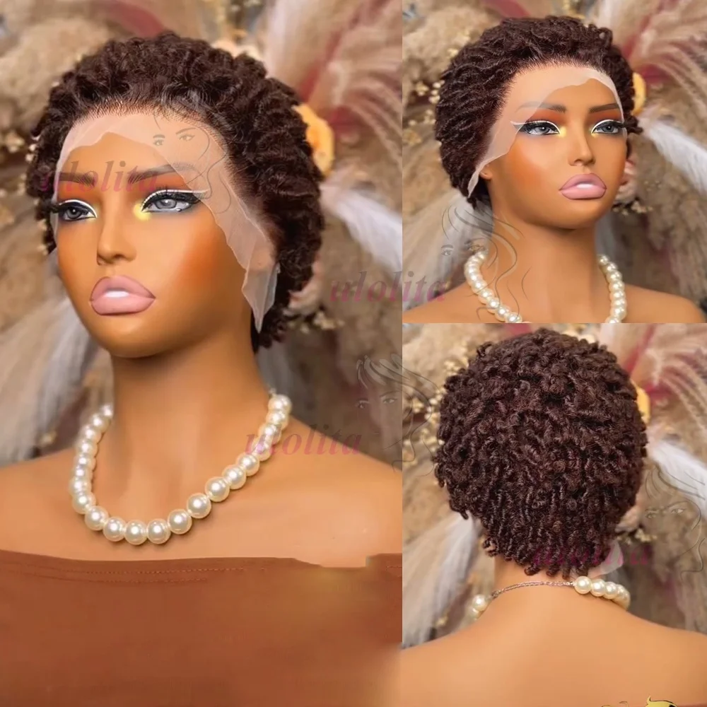 Kurze Pixie-Cut Dreadlocks-Perücken, Schokoladenbraun, Afro-Twists Dreadlocks Lace Frontal Perücke, Faux Locs Geflochtene Haarersatz-Perücken – Detail 1