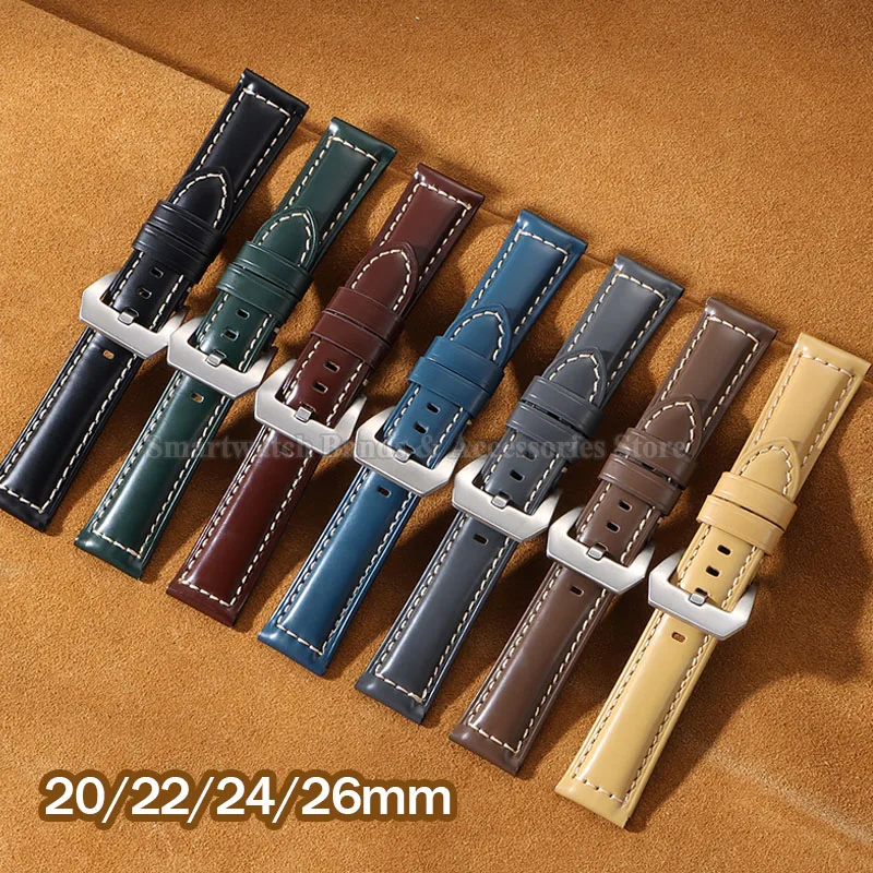 20mm 22mm 24mm 26mm Vintage Leather Watch Band for Panerai for Huawei Watch GT 2/3/4 Wrist Band Universal Strap Big Steel Buckle