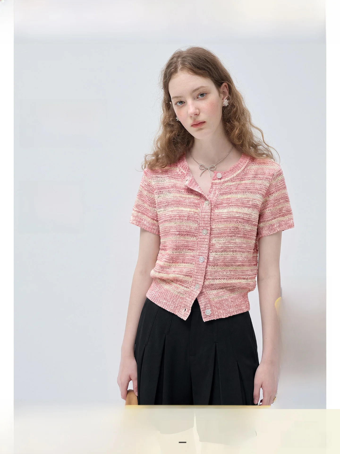 

plus Size Women's Striped Color Block Short Sleeve Knitted Open Cardigan Hollow out Waist Cinched Summer New Style Rui Ge
