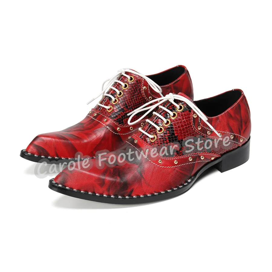 

Punk Rivet Pointed Toe Lace-Up Oxfords for Men Wedding Business Dress Shoes Male Mixed Color Genuine Leather Loafers
