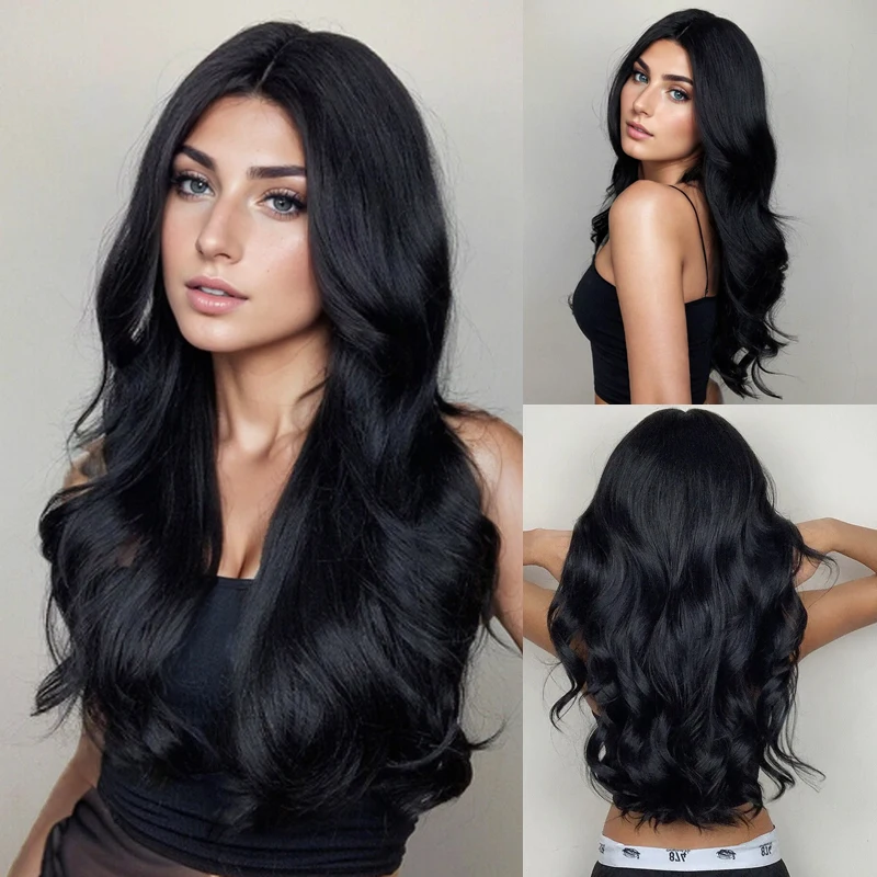 Natural Hair Long Curly Black Long Wave Hair Wig Daily Party Use wear Synthetic Fiber High-temperature Silk Wig full head cover