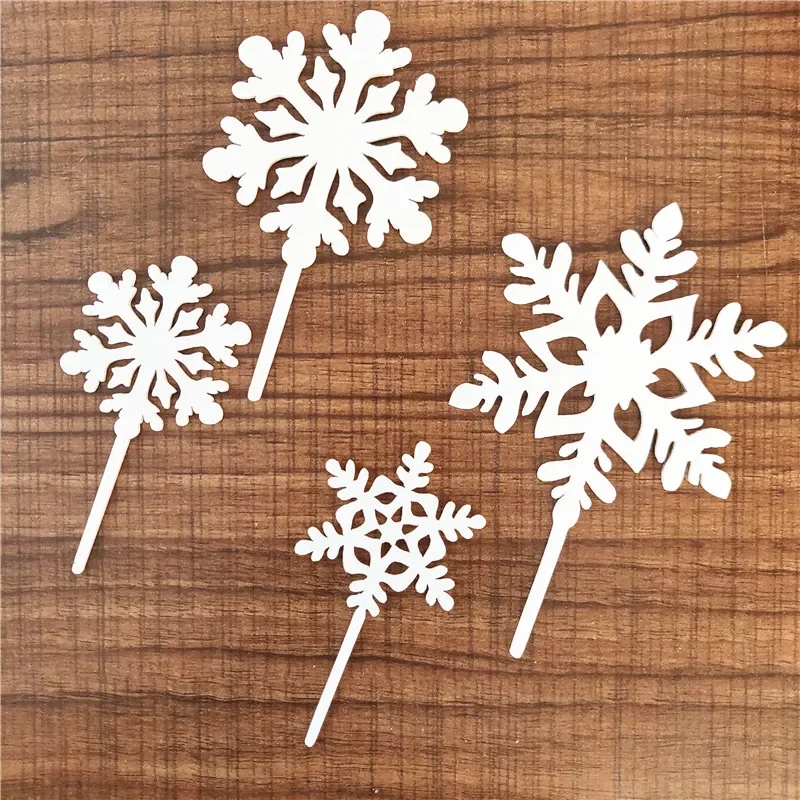 4pcs/set Winter White Glitter Silver Snowflake Acrylic Christmas Cake Decoration Merry Christmas Topper Party Supplies Decor