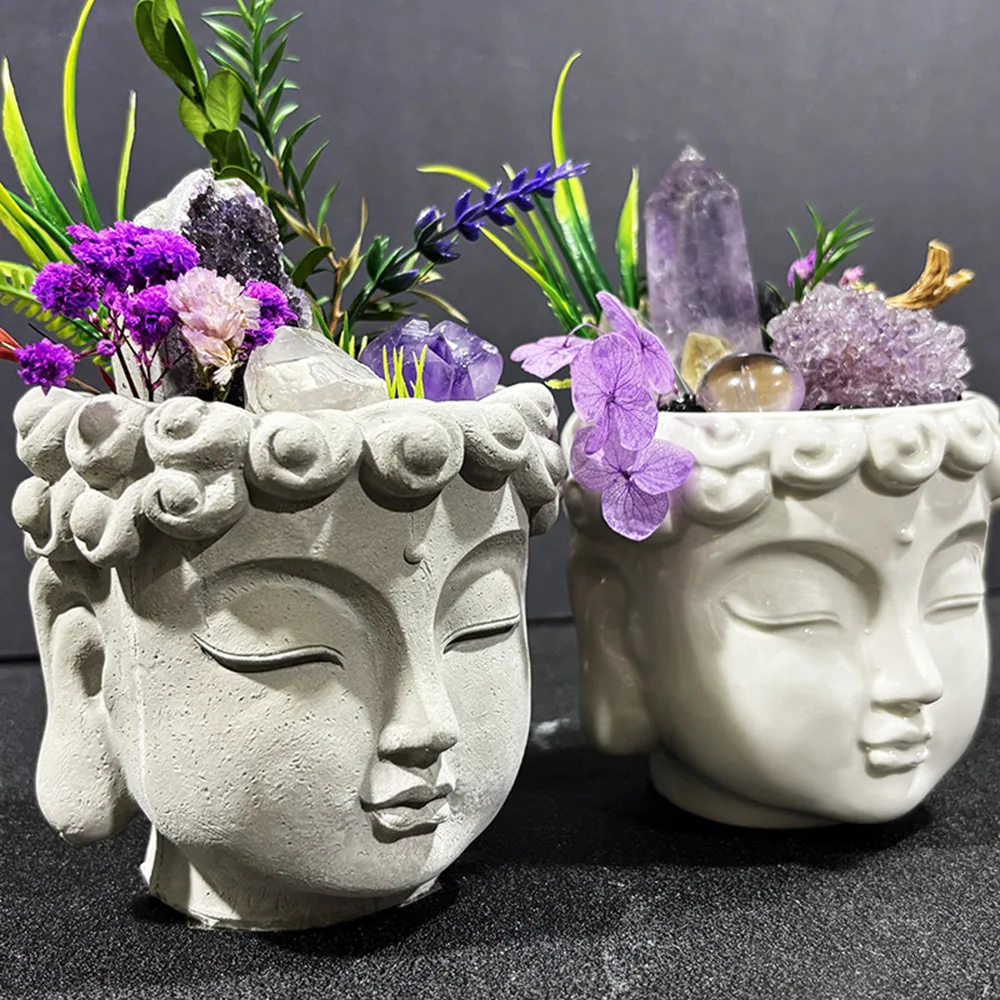 Concrete Glossy Ceramic Buddha Head Planter With Natural Amethyst Cluster Dried Flower Arrangement Mini Tabletop Decor Ornament