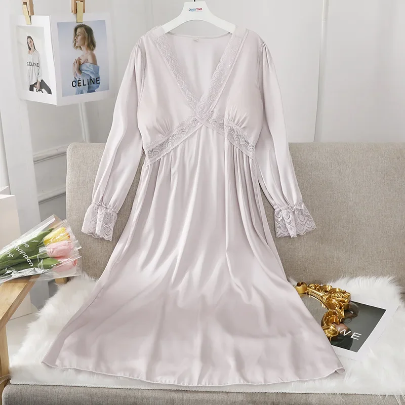 Women V-neck Long Nightgown Hollow Lace Sleepwear Home Dress Casual Sleepshirts Ladies Princess Nightwear Casual Satin Pajamas