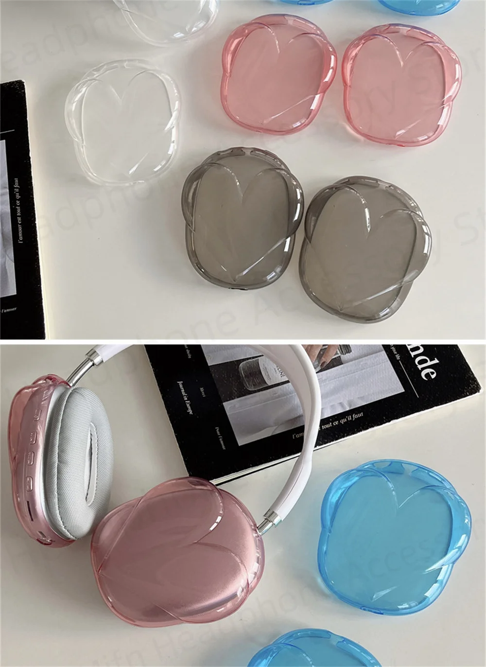 For Apple Max shells TPU 3pcs case Anti impact and anti scratch Love transparent shell design For AirPods Max Earphone TPU shell