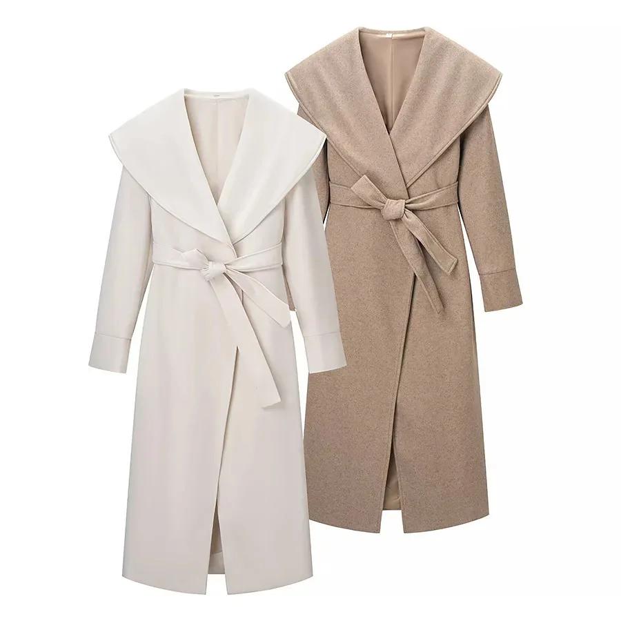 

KIDCRKJ Temperament Women Spring Overcoat Lace Up Turn Down Collar Lady's Woolen Jacket Long Elegant Office Female Outwear Coat