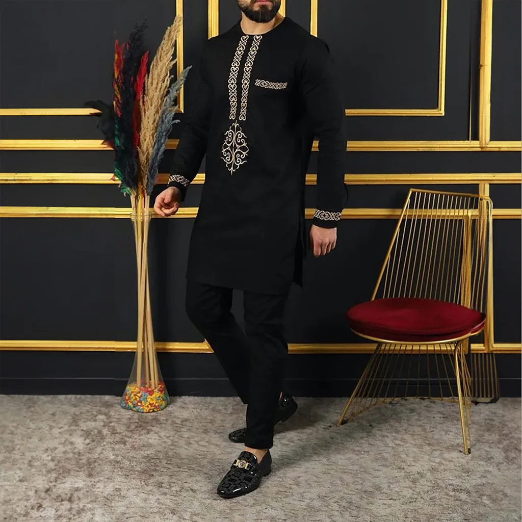 Men's Black African-Style Casual Ethnic Embroidered Wedding Banquet Long-Sleeve Suit - In Stock