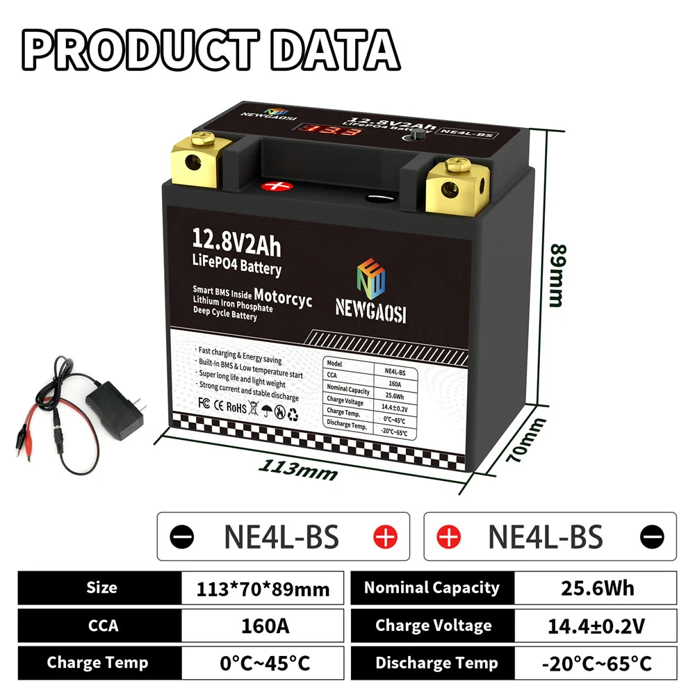 NE 4L-BS 12V 25.6Wh CCA 160A BMS Motorcycle Start Battery 12.8V Lithium iron Phosphate Scooter LiFePO4 Batteries YTX4L-BS YTX4L