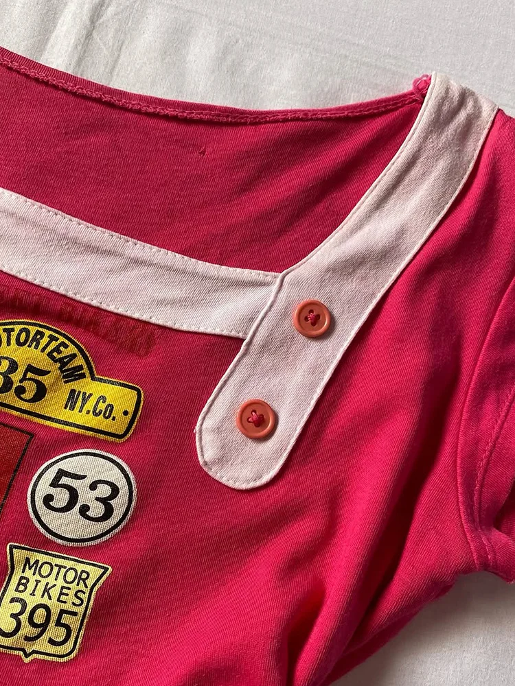 

Original Design Summer Slim Fit Red T-irt Vintage High Design Sense Casual Sle ort Sve Cotton Blend Printed Top