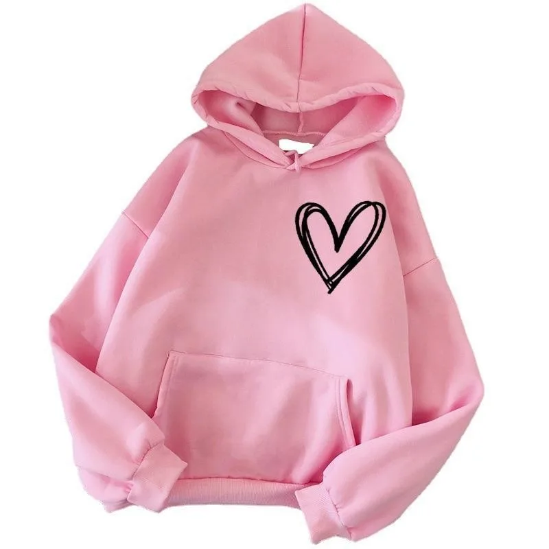 

Simplic Heart Print Hoodies Women Sweatshirt Soft Casual Loose Vintage Female Hoodies 2024 Winter Warm Fleece Tops Couples Hoodi