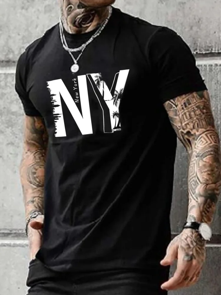 

3D New York Letter Print Men's Loose T-shirt Summer Daily Casual Men's T-shirt Urban Street Men Fashion Short-sleeved Top