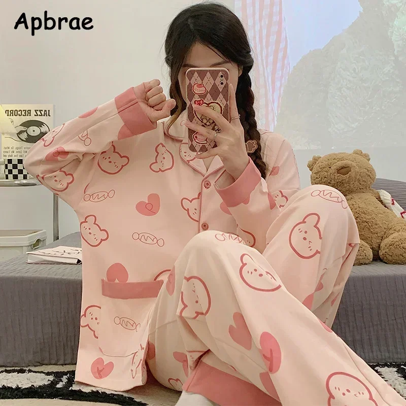 Korean Women Faux Cotton Pajamas Spring Autumn Cartoon Kimono Pijamas Female Pyjamas Kawaii Home Suit Long Sleeves Sleepwear